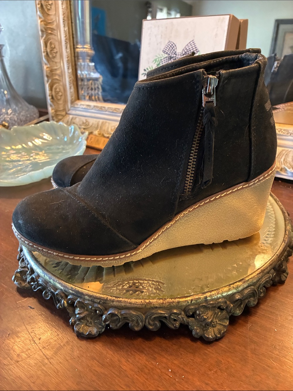 Genuine TOMS Black Wedge Ankle Booties with Side Zip - Leather 8.5 M